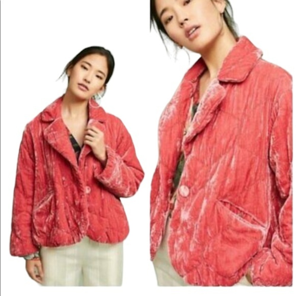 Anthropologie Brodie Quilted Velvet Puffer Rose Single Button Pocket XS